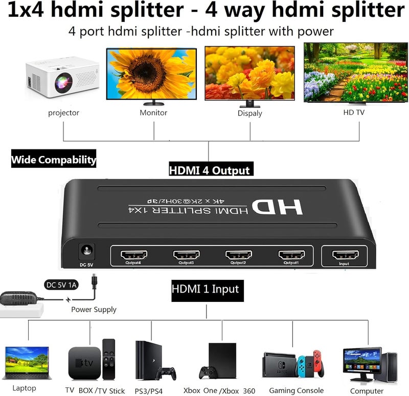 VizeeInnov موزع HDMI 1 في 4 بدقة 4K، 1 مدخل 4 مخارج، موزع HDMI مزود بالطاقة 4 منافذ لشاشات متعددة لمخرجات مرآة/نسخ الشاشة فقط (ليس توسيع) موزع 4 طرق يدعم 4Kx2K @30Hz، 3D للمكتب، PS4، جهاز العرض، HDTV. - Image 4